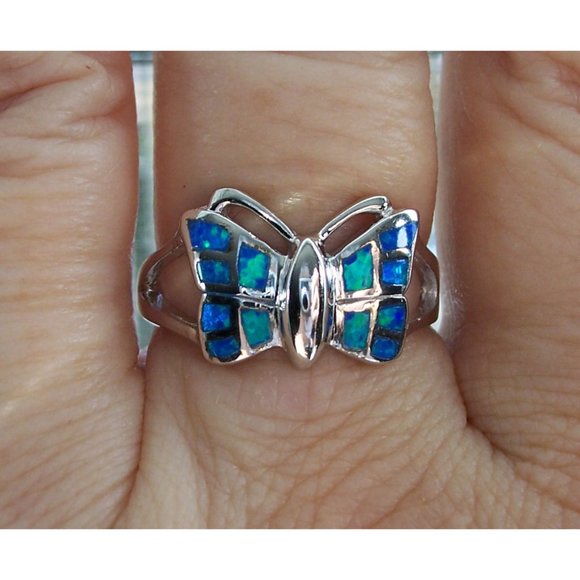 .925 STERLING SILVER Lab Created Blue Fire Opal Inlay Butterfly Ring - Picture 12 of 13